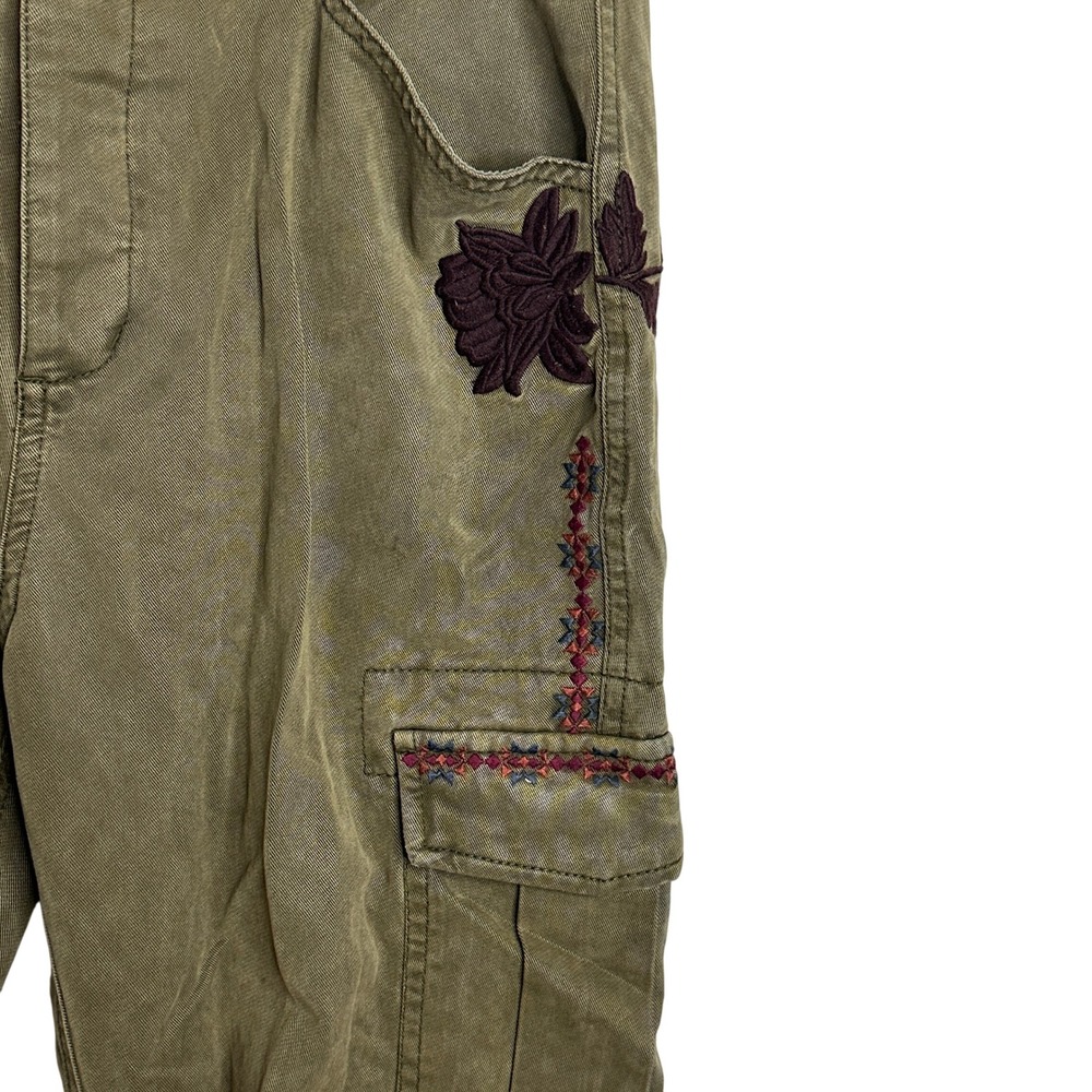 Sundance Olive Green Embroidered Cargo Pants Women 10 Floral Utility Button Fly - Picture 9 of 11